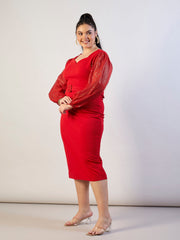 Women Red Sequence Sleeves Detail Bodycon Dress-SFDRSS13297