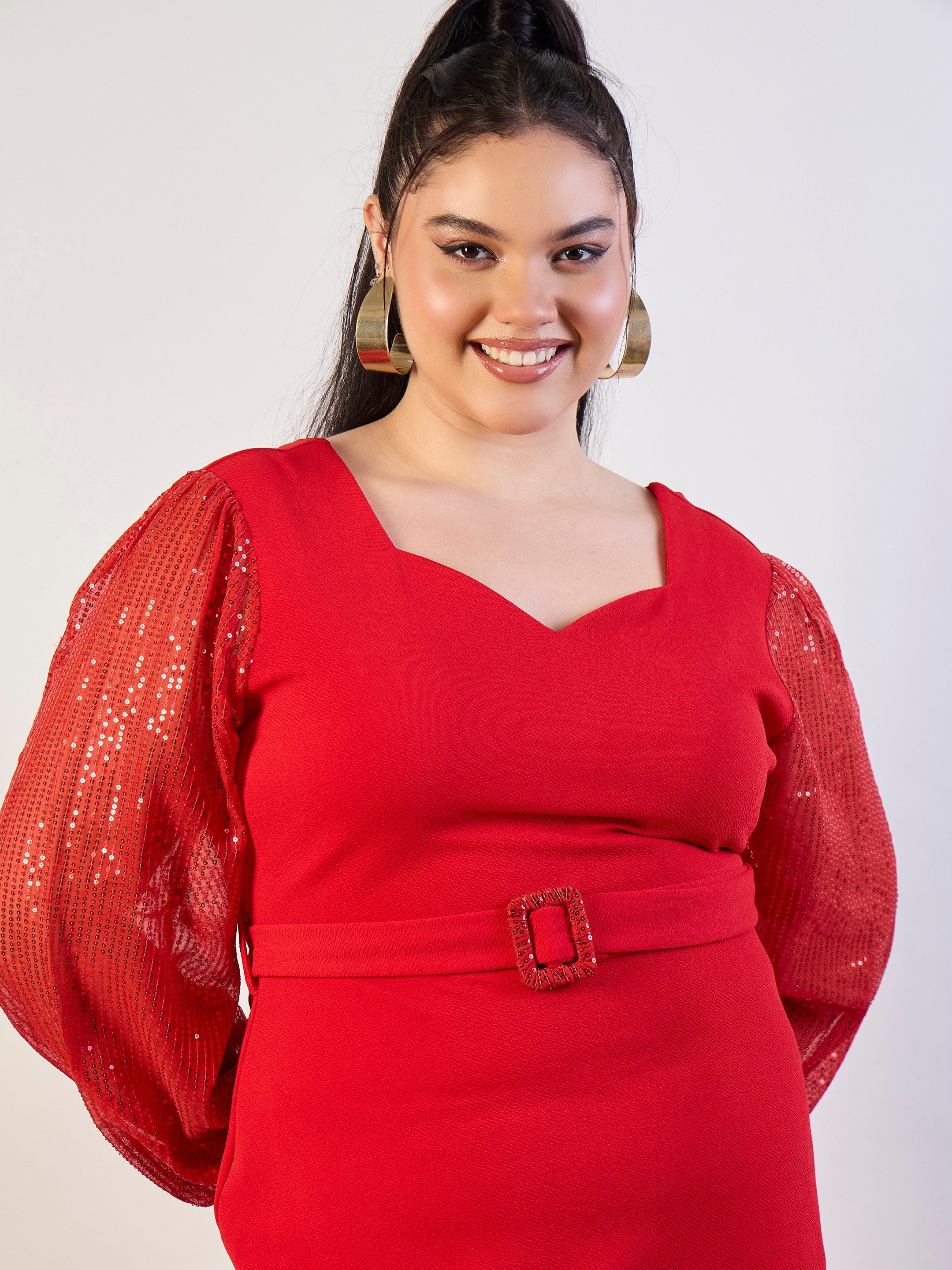 Women Red Sequence Sleeves Detail Bodycon Dress-SFDRSS13297