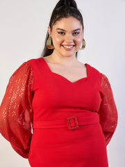 Women Red Sequence Sleeves Detail Bodycon Dress-SFDRSS13297