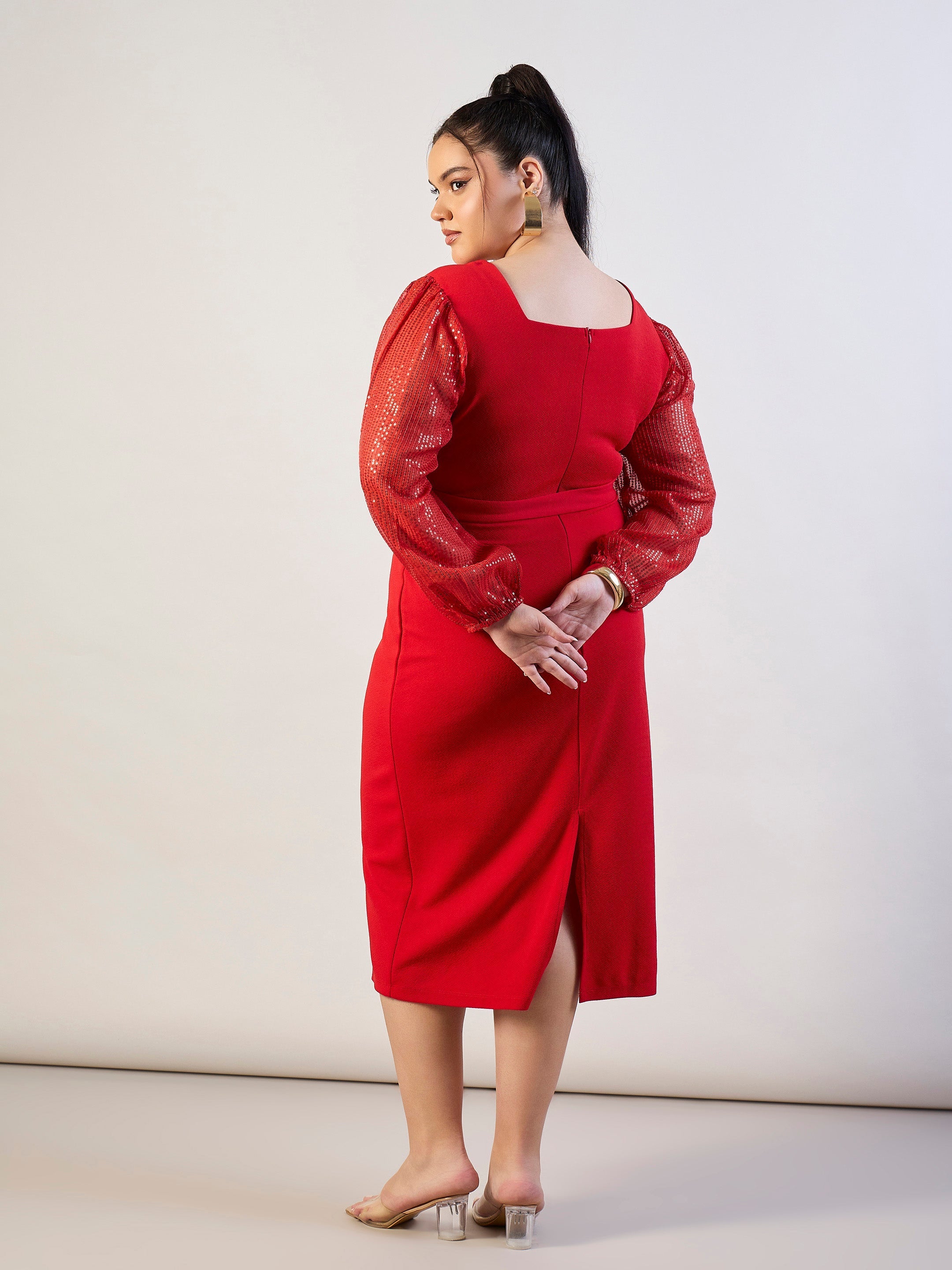 Women Red Sequence Sleeves Detail Bodycon Dress-SFDRSS13297