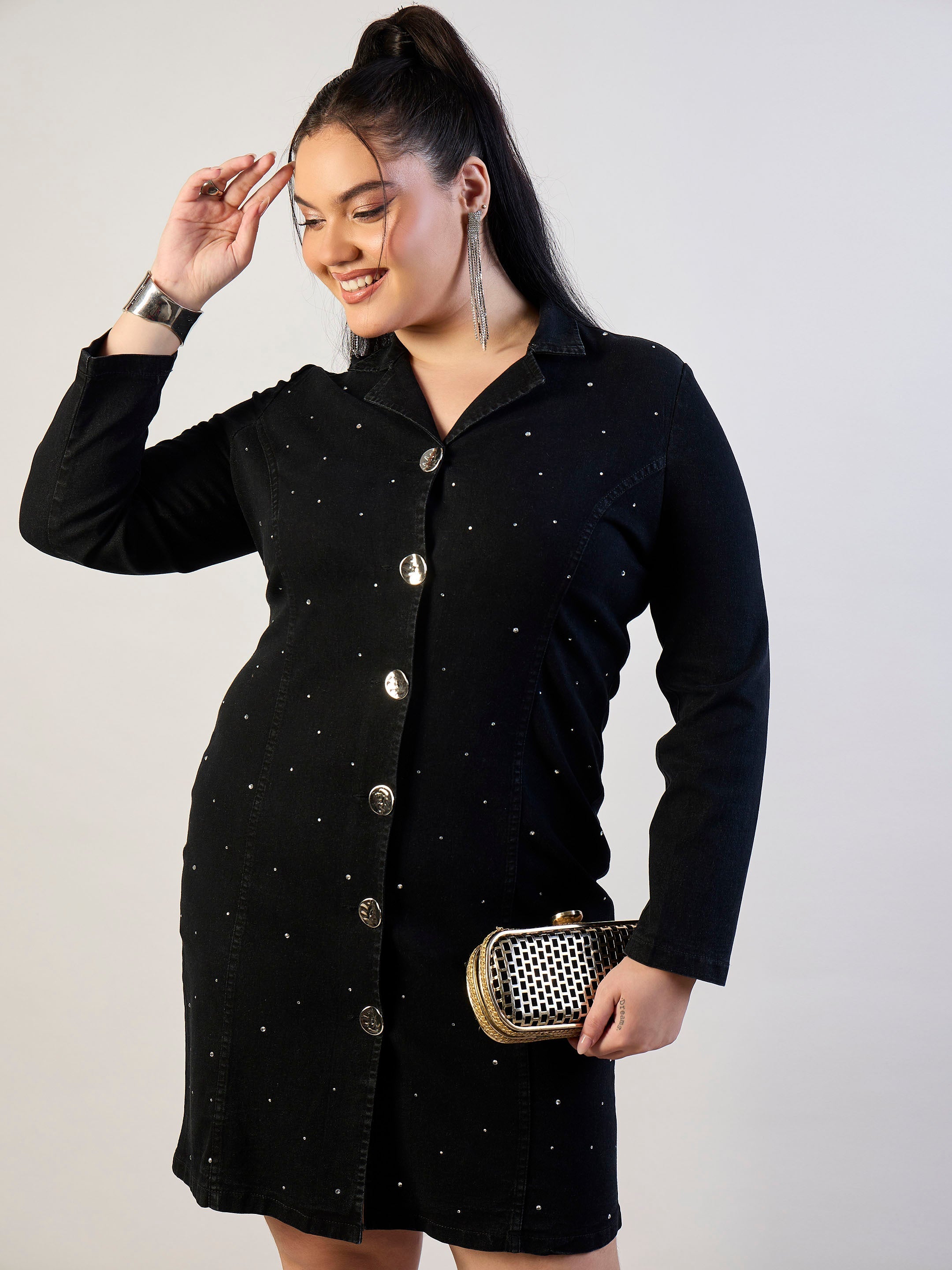 Women Jet Black Denim Short Blazer Dress-SFDRSS13299