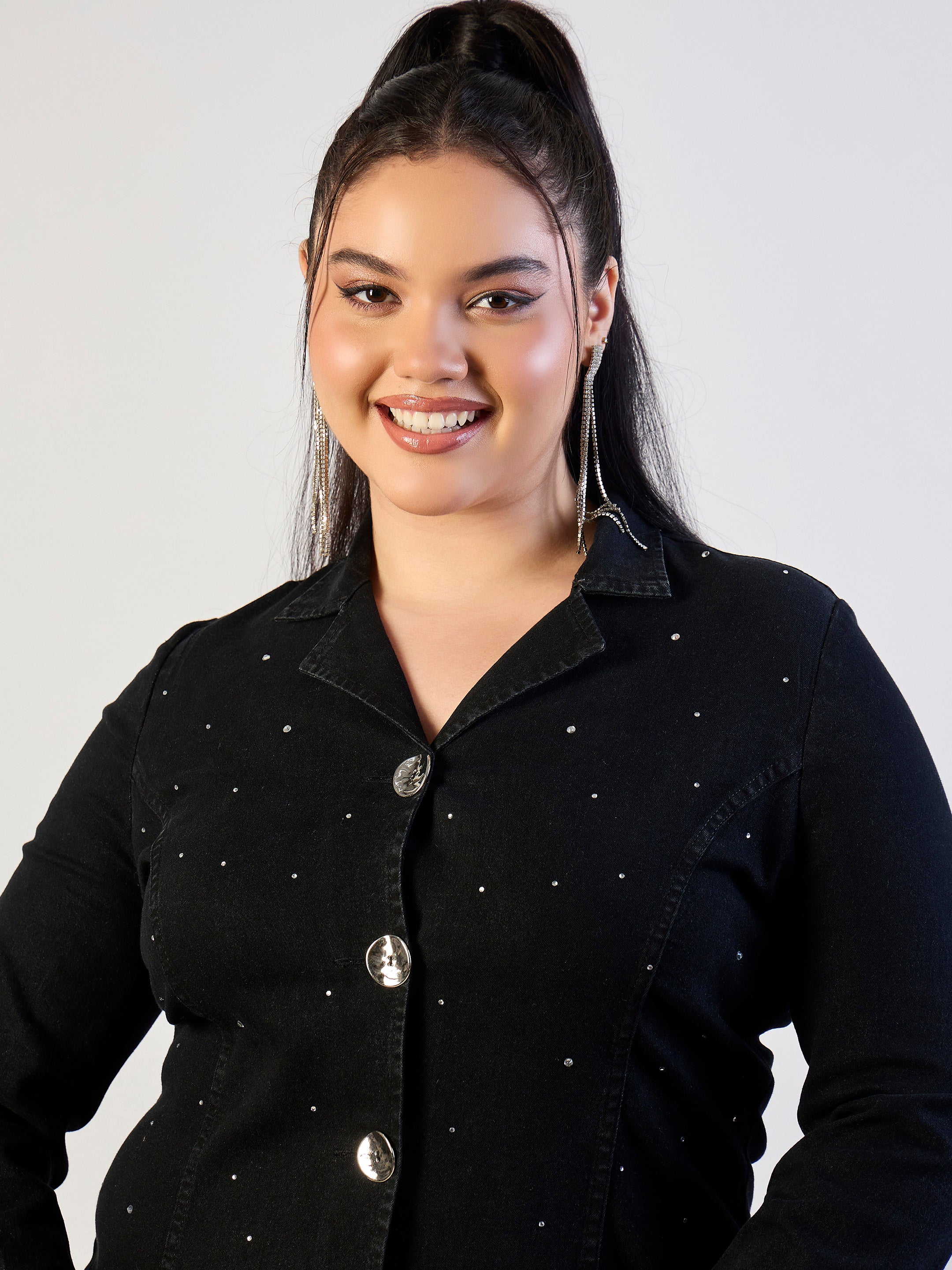 Women Jet Black Denim Short Blazer Dress-SFDRSS13299
