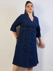 Women Navy Wash Denim A Line Midi Dress-SFDRSS13300