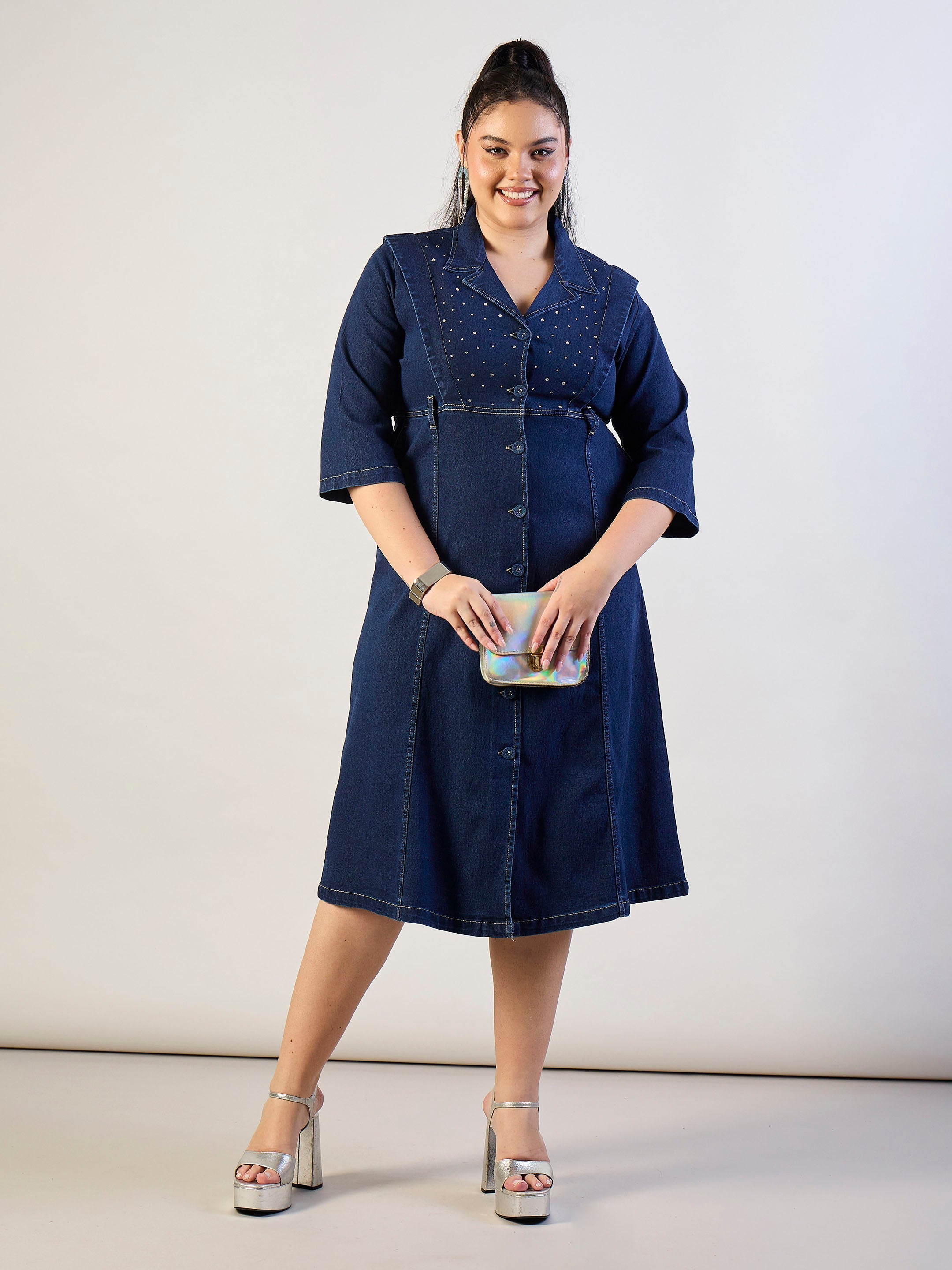Women Navy Wash Denim A Line Midi Dress-SFDRSS13300