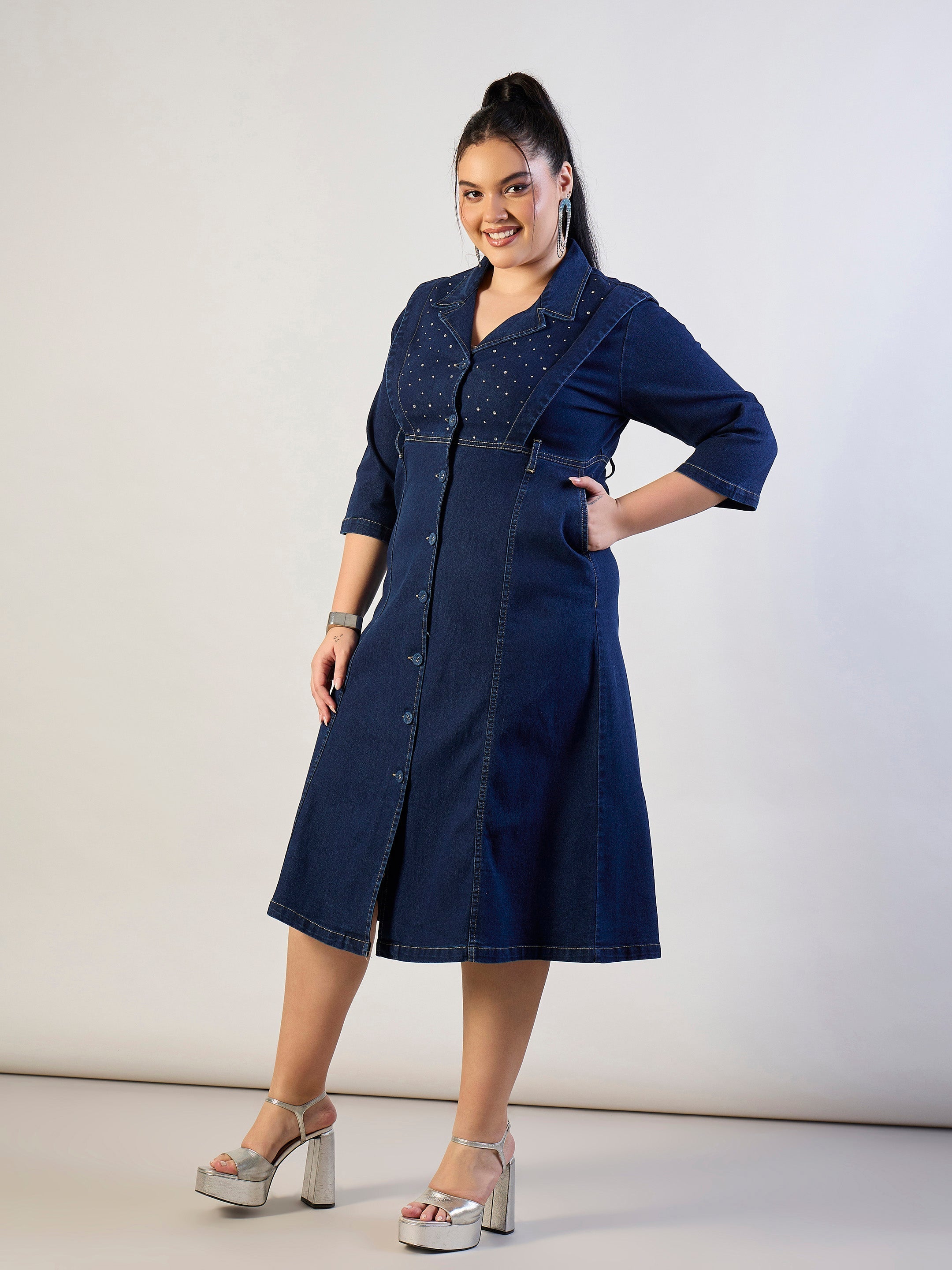 Women Navy Wash Denim A Line Midi Dress-SFDRSS13300