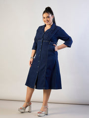 Women Navy Wash Denim A Line Midi Dress-SFDRSS13300