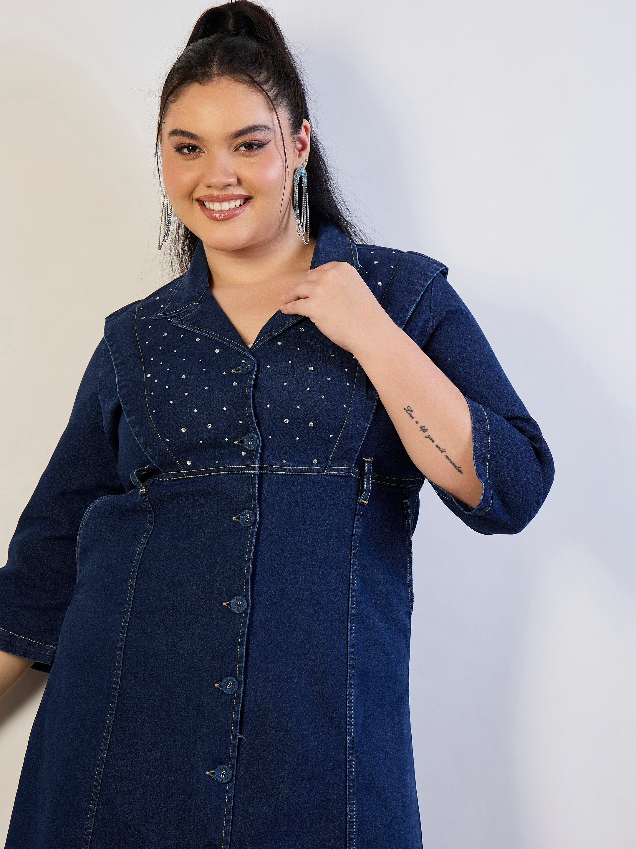 Women Navy Wash Denim A Line Midi Dress-SFDRSS13300