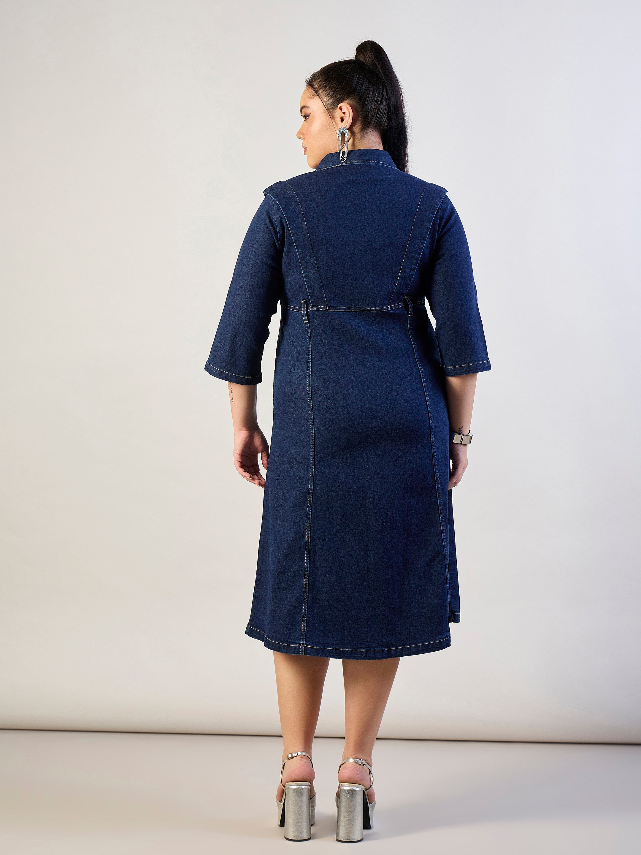 Women Navy Wash Denim A Line Midi Dress-SFDRSS13300