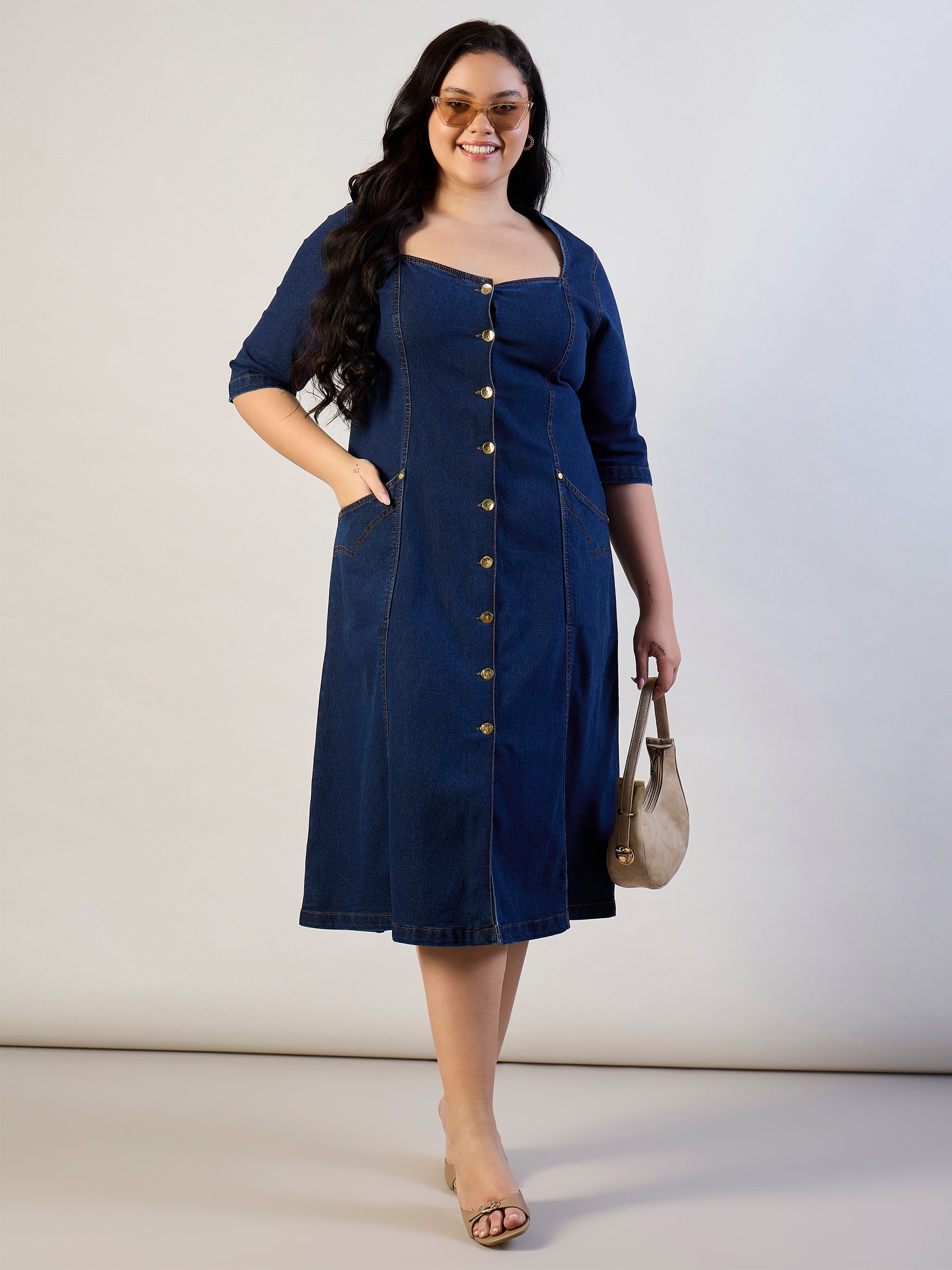 Women Dark Navy Denim Front Button A Line Dress-SFDRSS13302