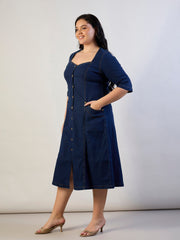 Women Dark Navy Denim Front Button A Line Dress-SFDRSS13302