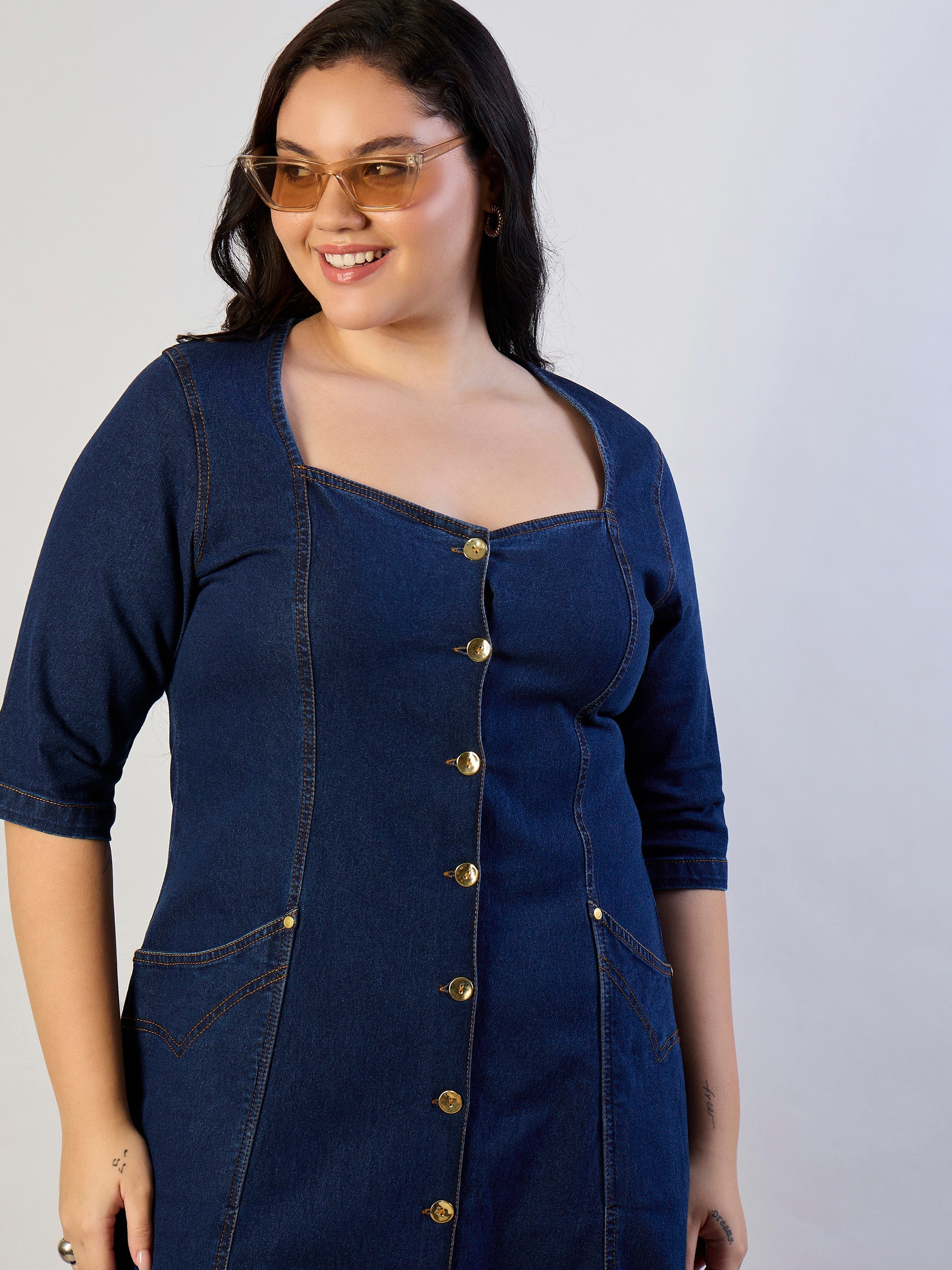 Women Dark Navy Denim Front Button A Line Dress-SFDRSS13302