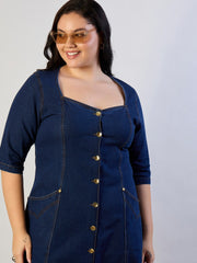 Women Dark Navy Denim Front Button A Line Dress-SFDRSS13302