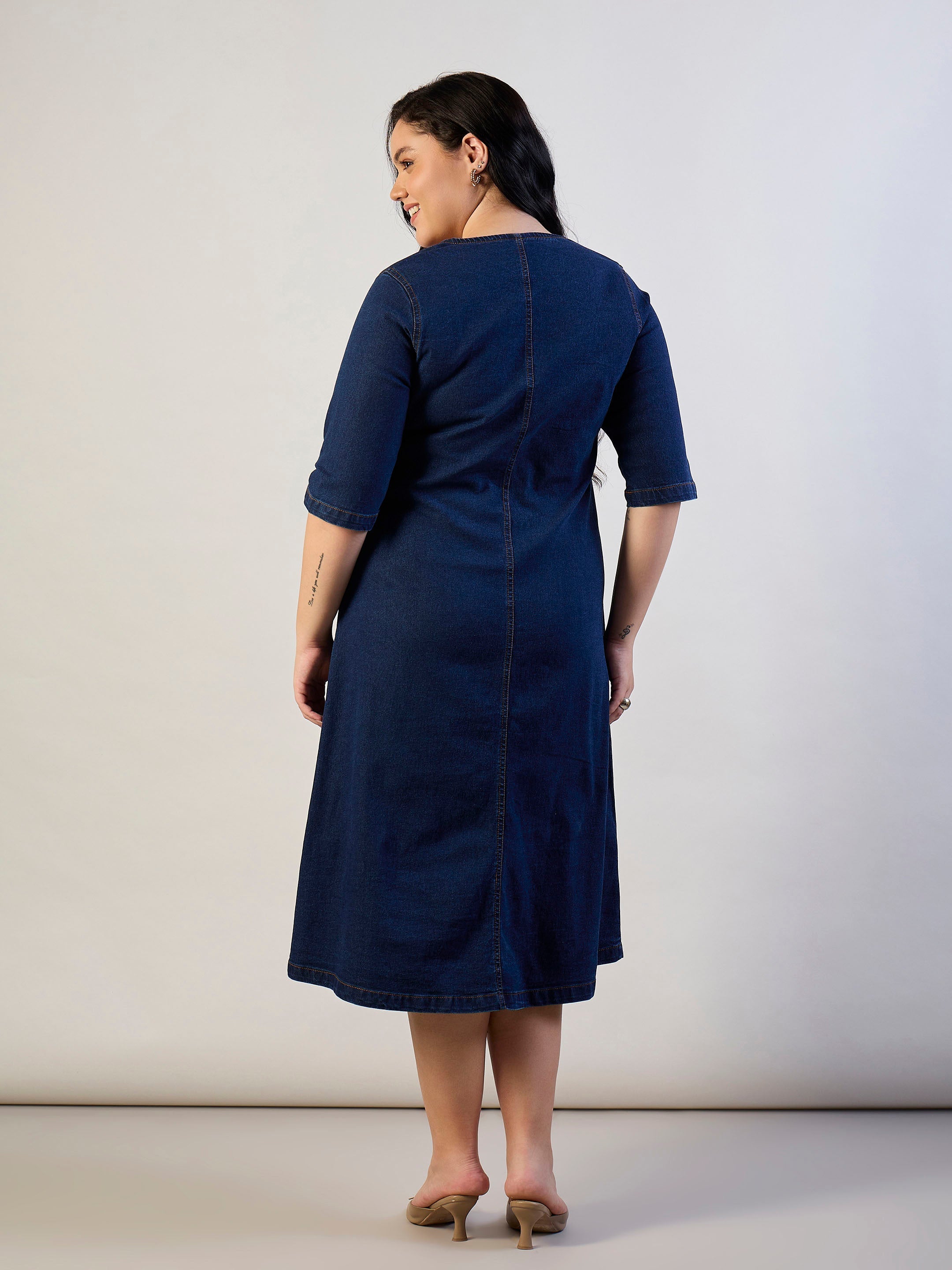 Women Dark Navy Denim Front Button A Line Dress-SFDRSS13302