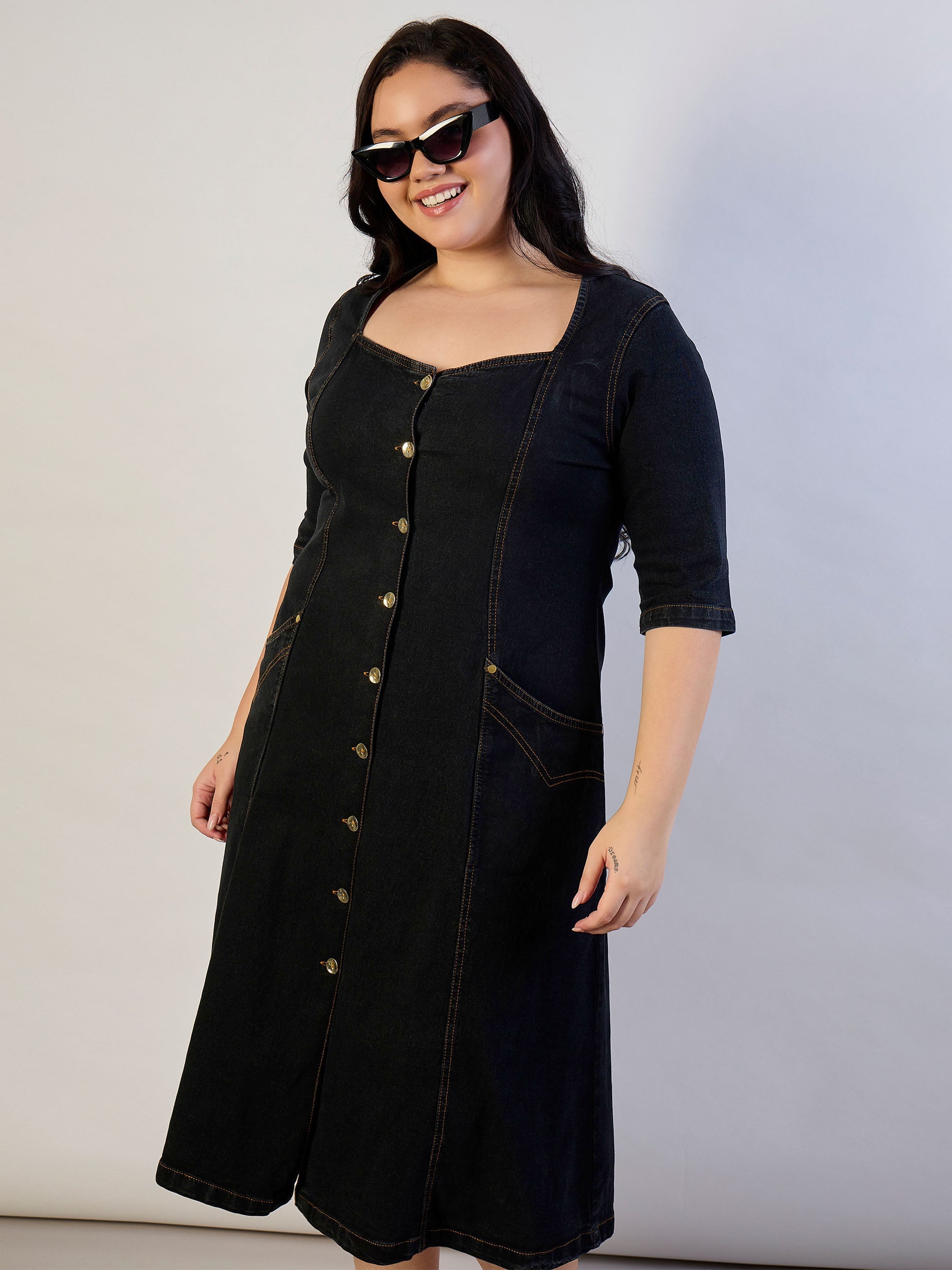Women Black Denim Front Button A Line Dress-SFDRSS13303
