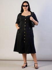 Women Black Denim Front Button A Line Dress-SFDRSS13303