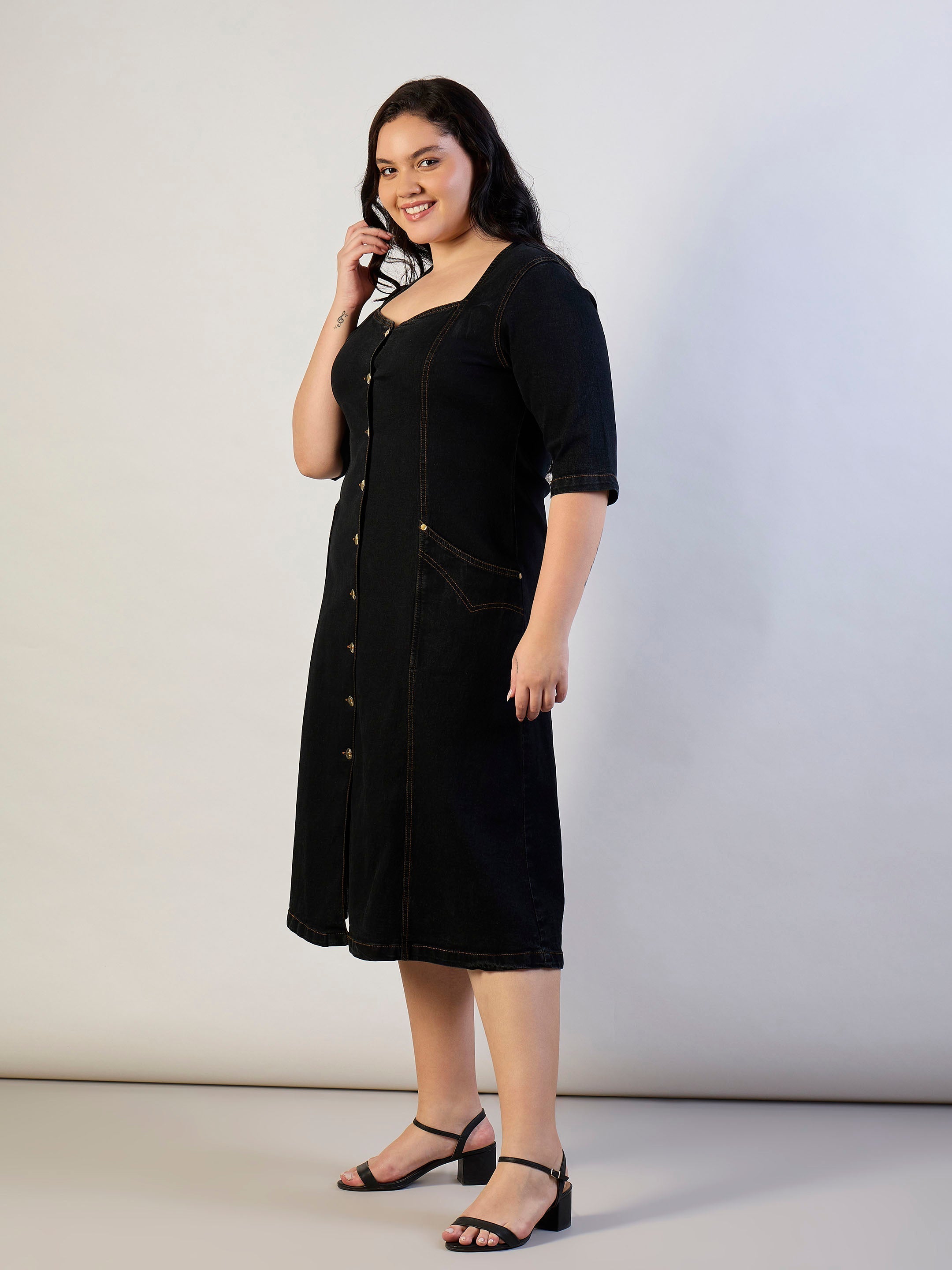 Women Black Denim Front Button A Line Dress-SFDRSS13303