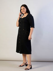 Women Black Denim Front Button A Line Dress-SFDRSS13303