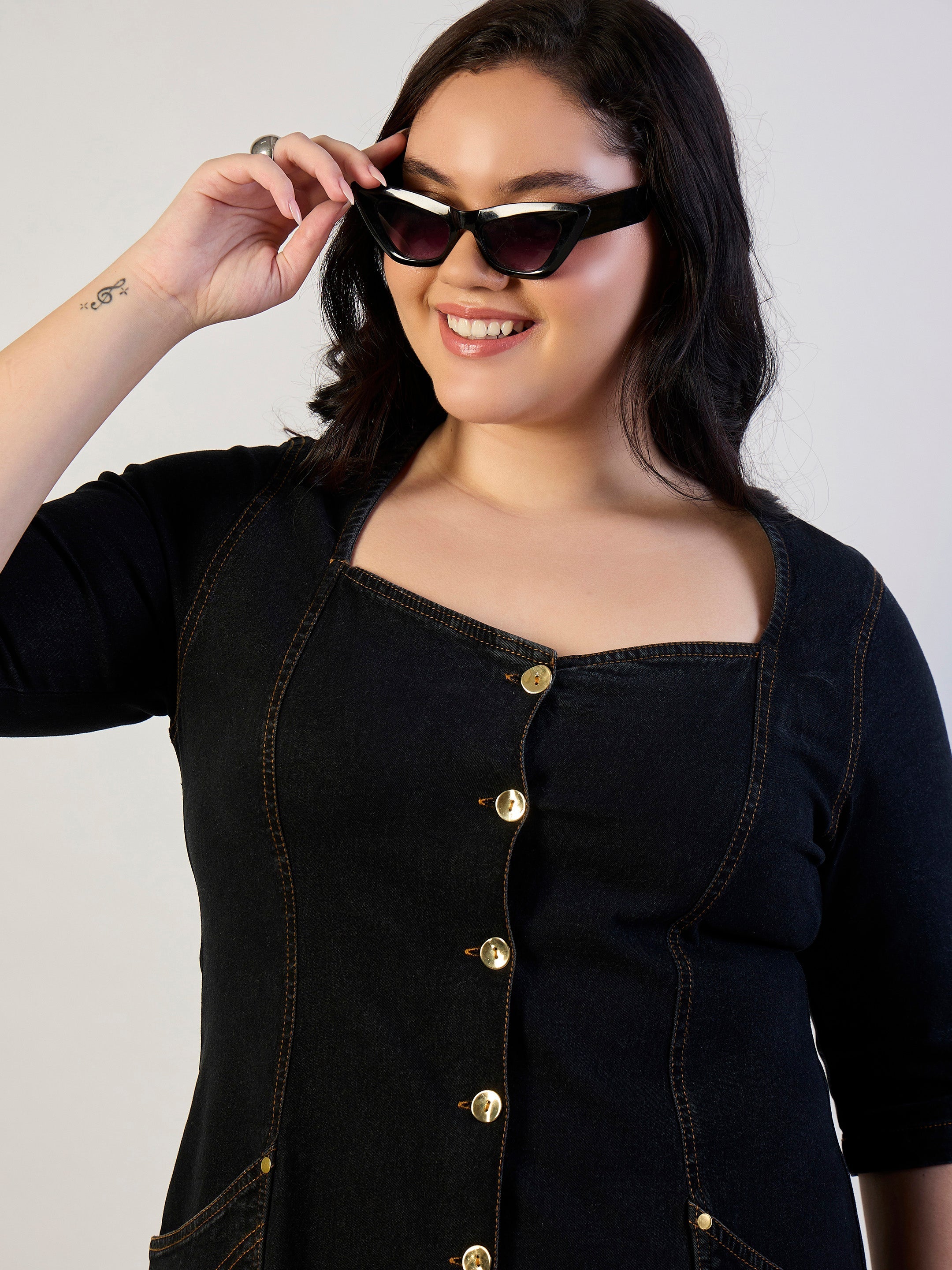 Women Black Denim Front Button A Line Dress-SFDRSS13303