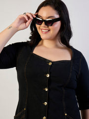 Women Black Denim Front Button A Line Dress-SFDRSS13303