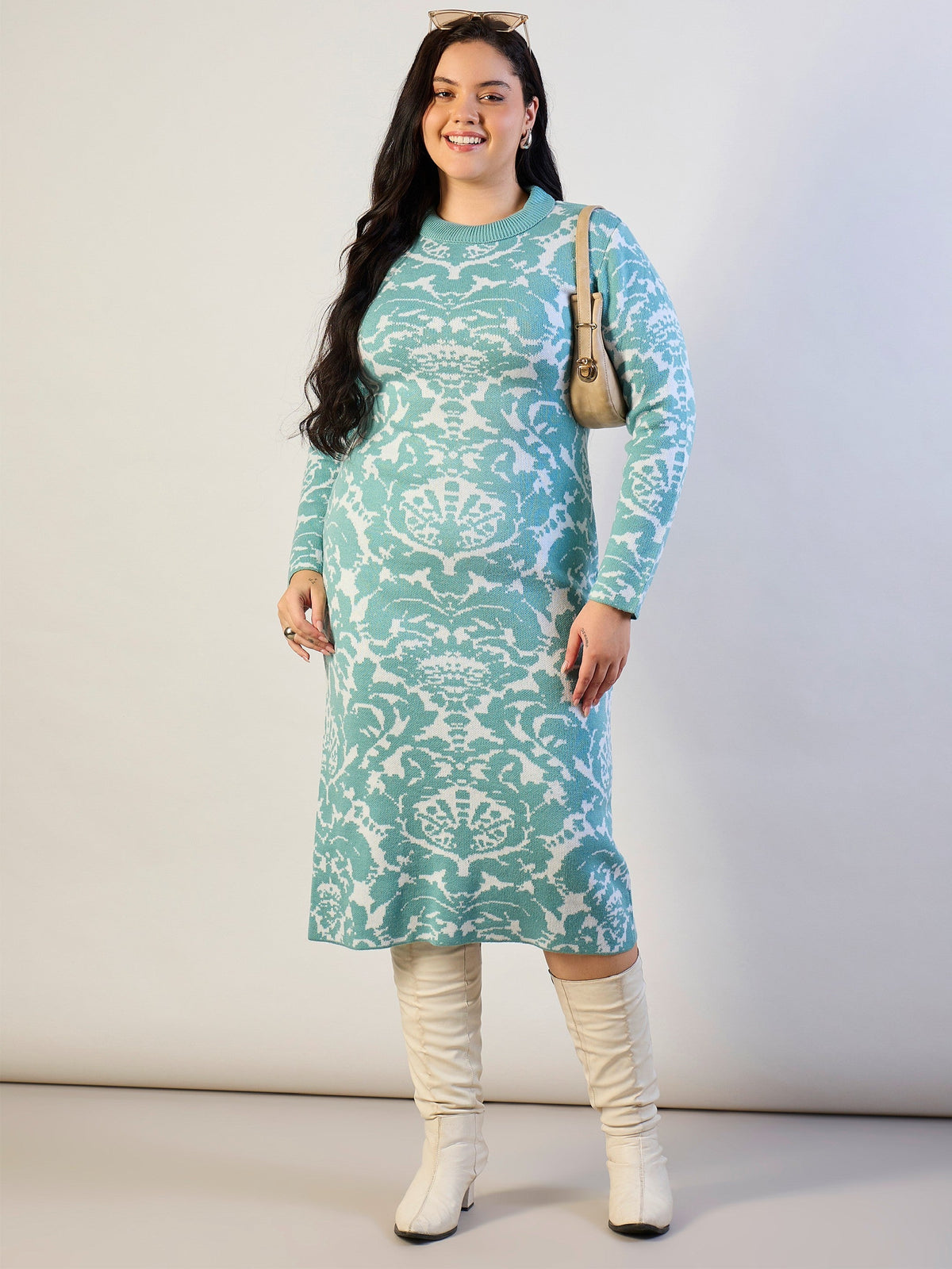 Women Blue Printed Acrylic Wool High Neck Midi Dress-SFDRSS13306