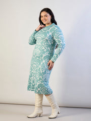 Women Blue Printed Acrylic Wool High Neck Midi Dress-SFDRSS13306