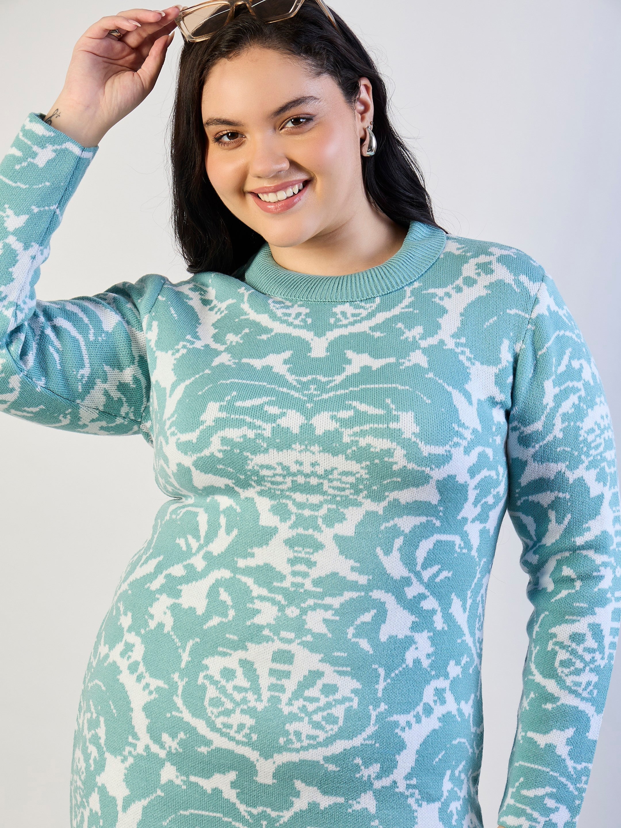 Women Blue Printed Acrylic Wool High Neck Midi Dress-SFDRSS13306