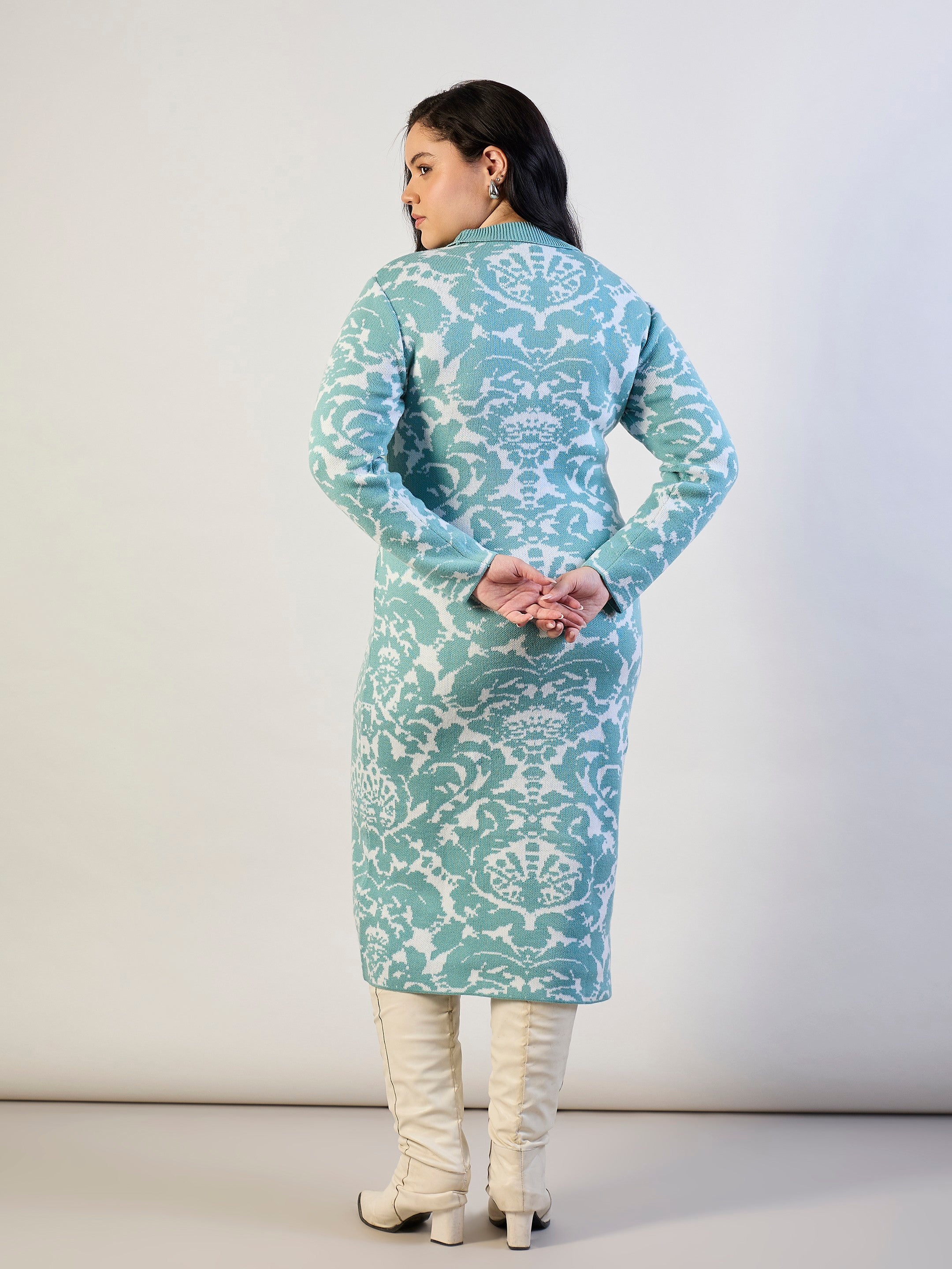Women Blue Printed Acrylic Wool High Neck Midi Dress-SFDRSS13306