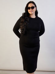 Women Black Solid Acrylic Wool High Neck Midi Dress-SFDRSS13309
