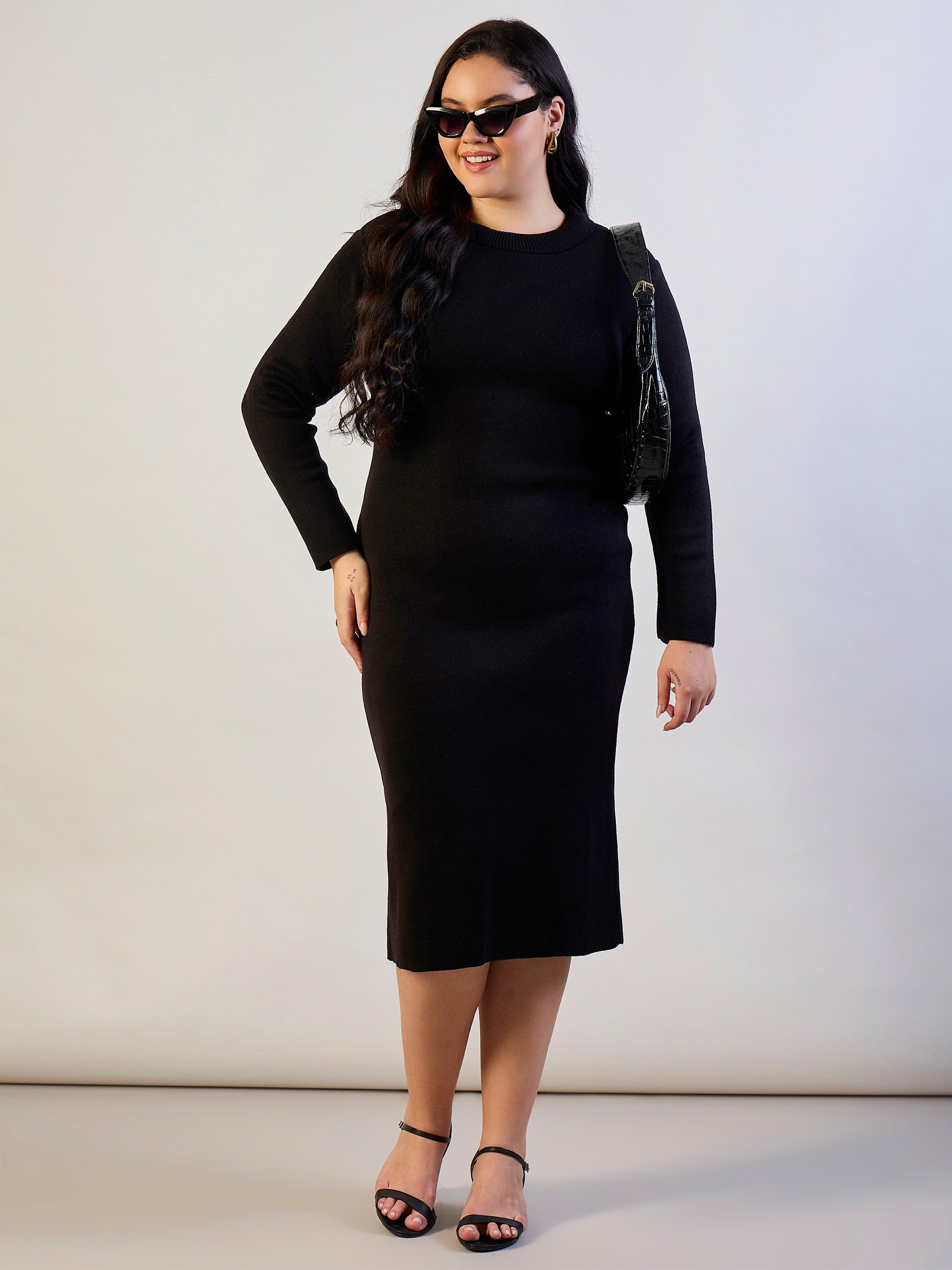 Women Black Solid Acrylic Wool High Neck Midi Dress-SFDRSS13309