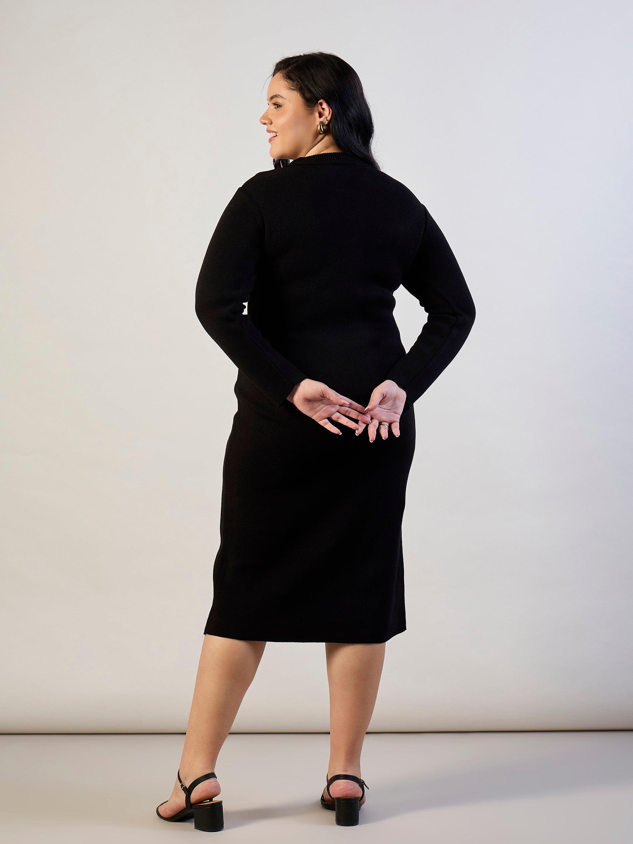 Women Black Solid Acrylic Wool High Neck Midi Dress-SFDRSS13309