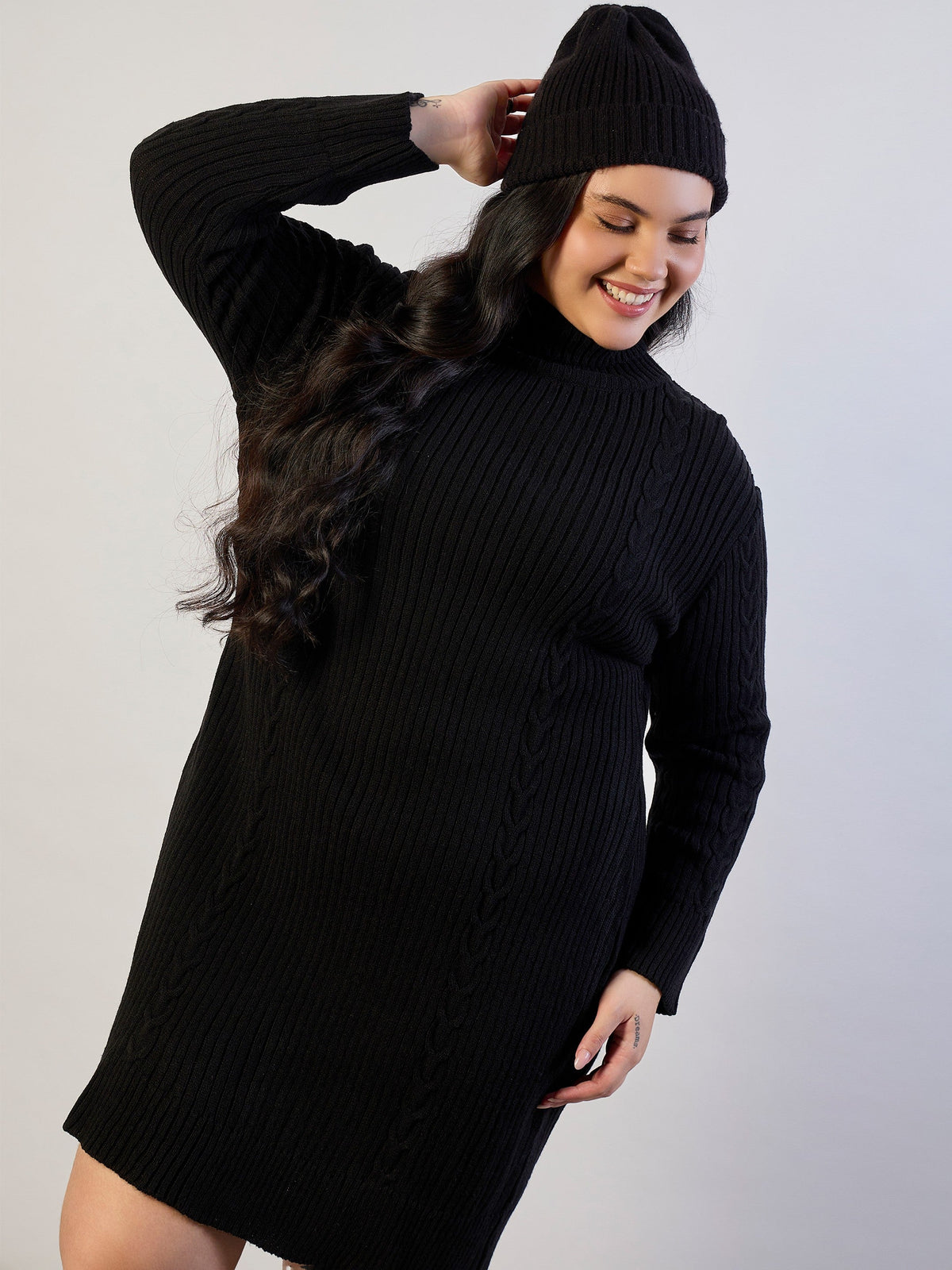 Women Black Acrylic Wool High Neck Short Dress-SFDRSS13310