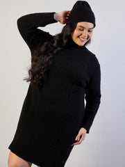 Women Black Acrylic Wool High Neck Short Dress-SFDRSS13310