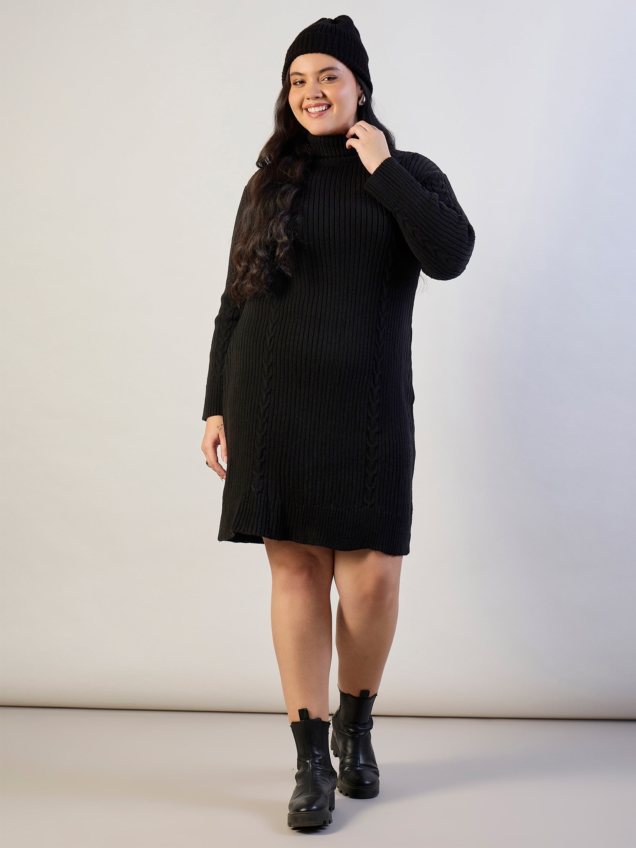Women Black Acrylic Wool High Neck Short Dress-SFDRSS13310