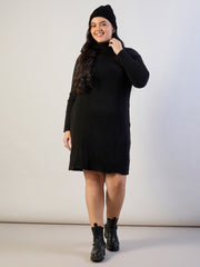 Women Black Acrylic Wool High Neck Short Dress-SFDRSS13310