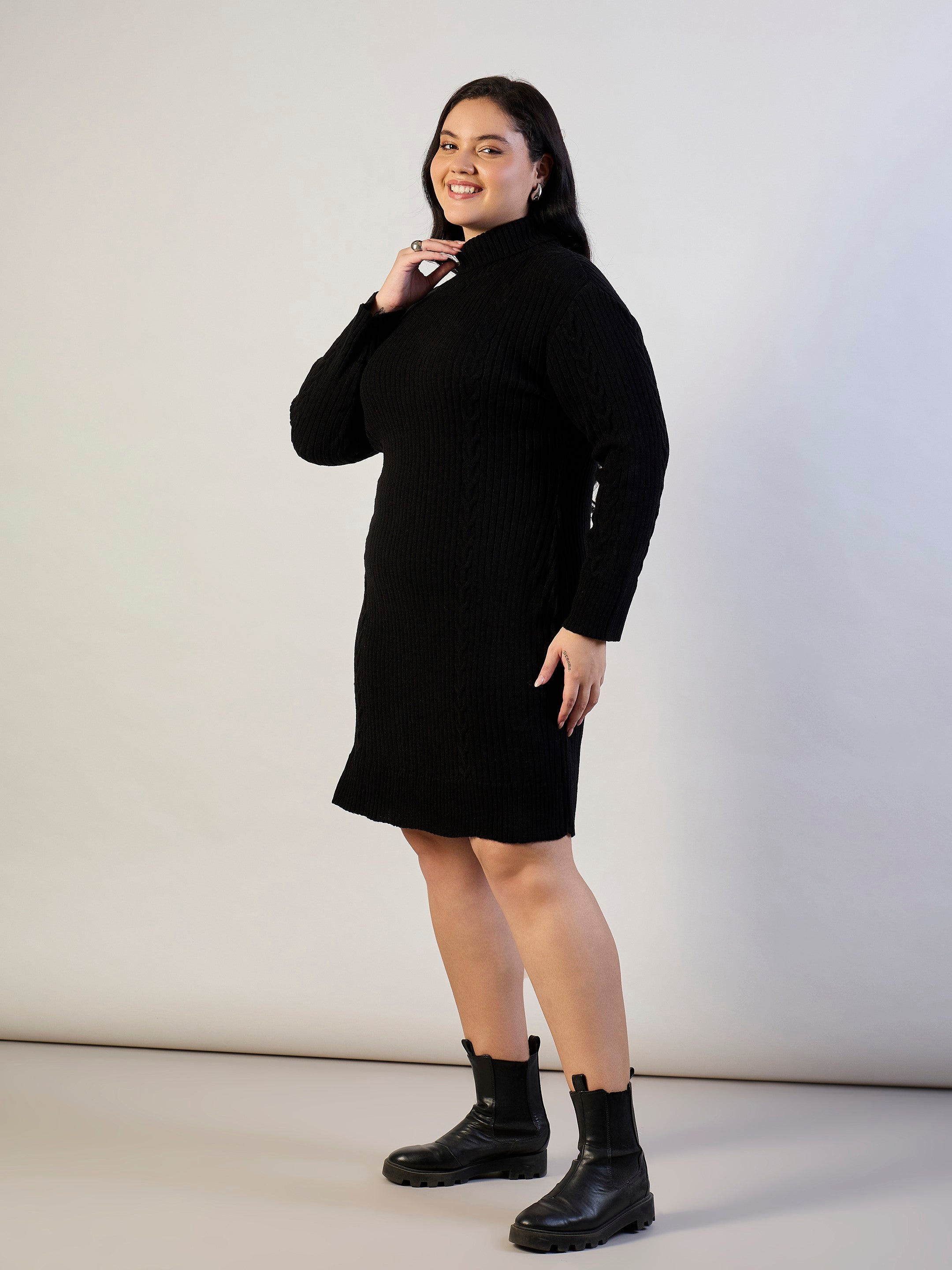 Women Black Acrylic Wool High Neck Short Dress-SFDRSS13310