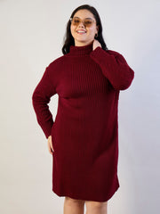 Women Maroon Acrylic Wool High Neck Short Dress-SFDRSS13311