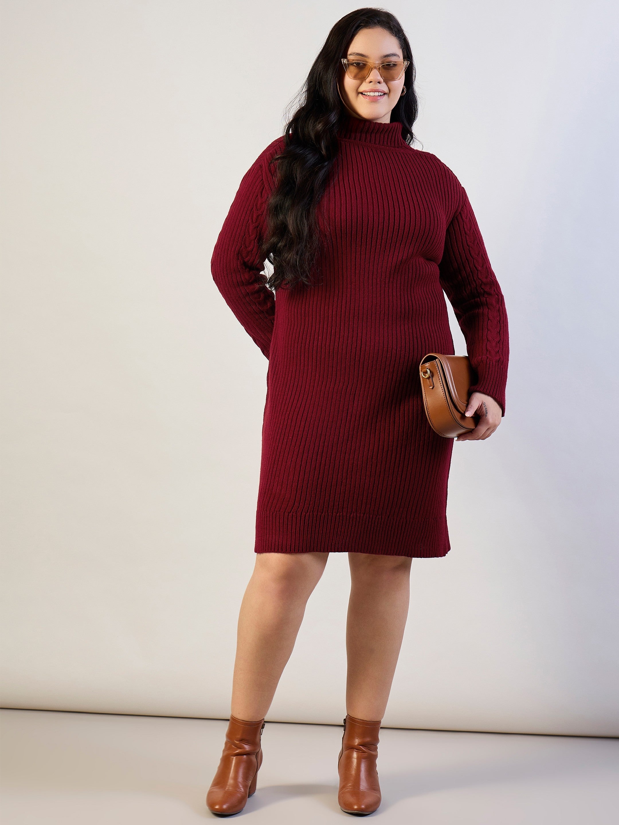 Women Maroon Acrylic Wool High Neck Short Dress-SFDRSS13311