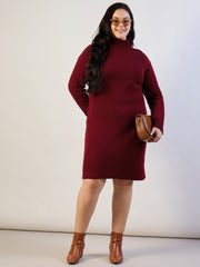 Women Maroon Acrylic Wool High Neck Short Dress-SFDRSS13311