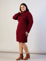 Women Maroon Acrylic Wool High Neck Short Dress-SFDRSS13311