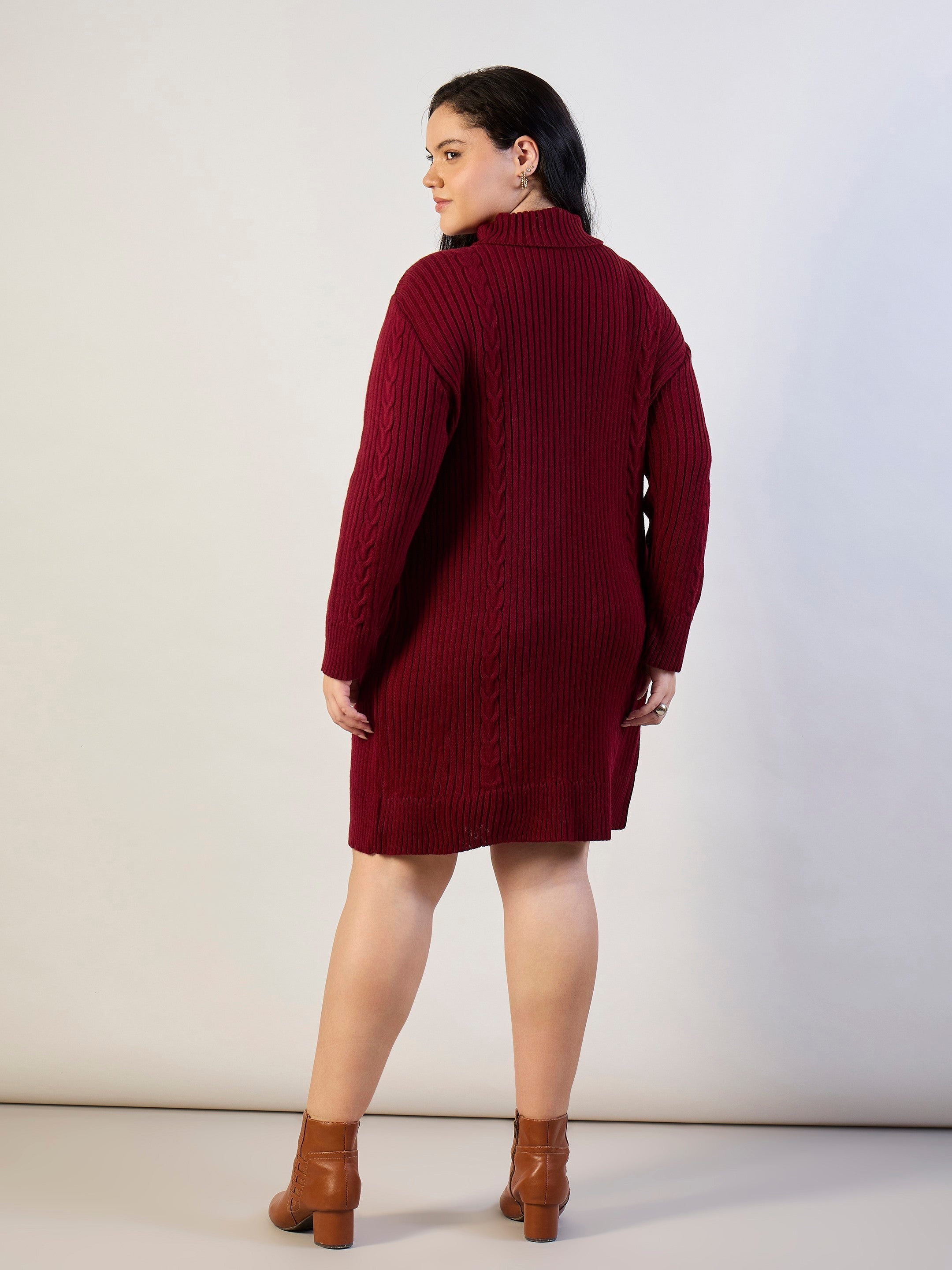 Women Maroon Acrylic Wool High Neck Short Dress-SFDRSS13311