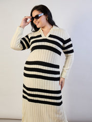 Women Black & White Striped Acrylic Wool Collar Midi Dress-SFDRSS13312