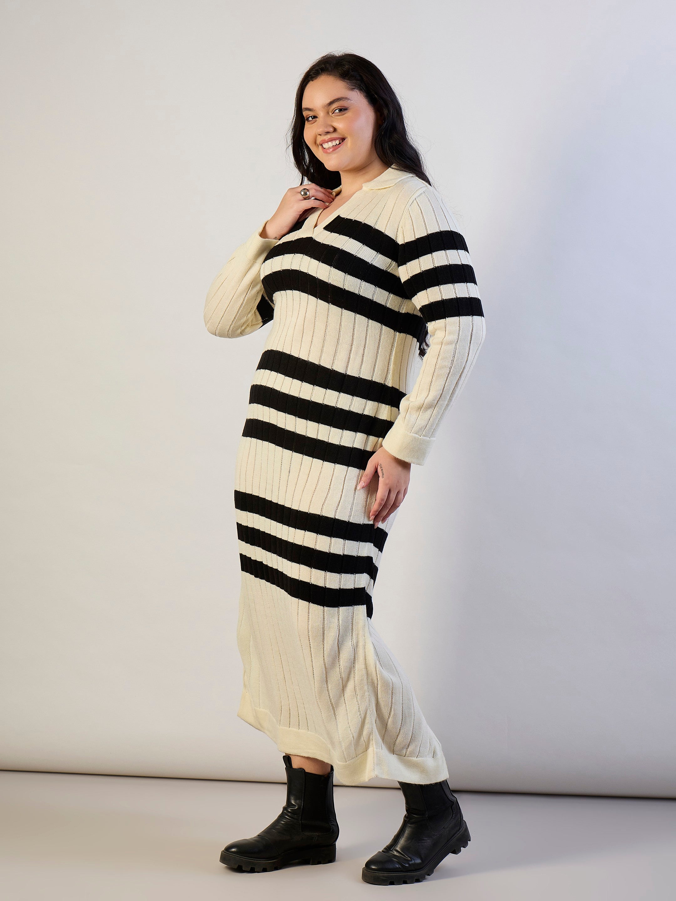 Women Black & White Striped Acrylic Wool Collar Midi Dress-SFDRSS13312