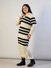 Women Black & White Striped Acrylic Wool Collar Midi Dress-SFDRSS13312