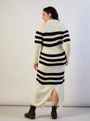 Women Black & White Striped Acrylic Wool Collar Midi Dress-SFDRSS13312