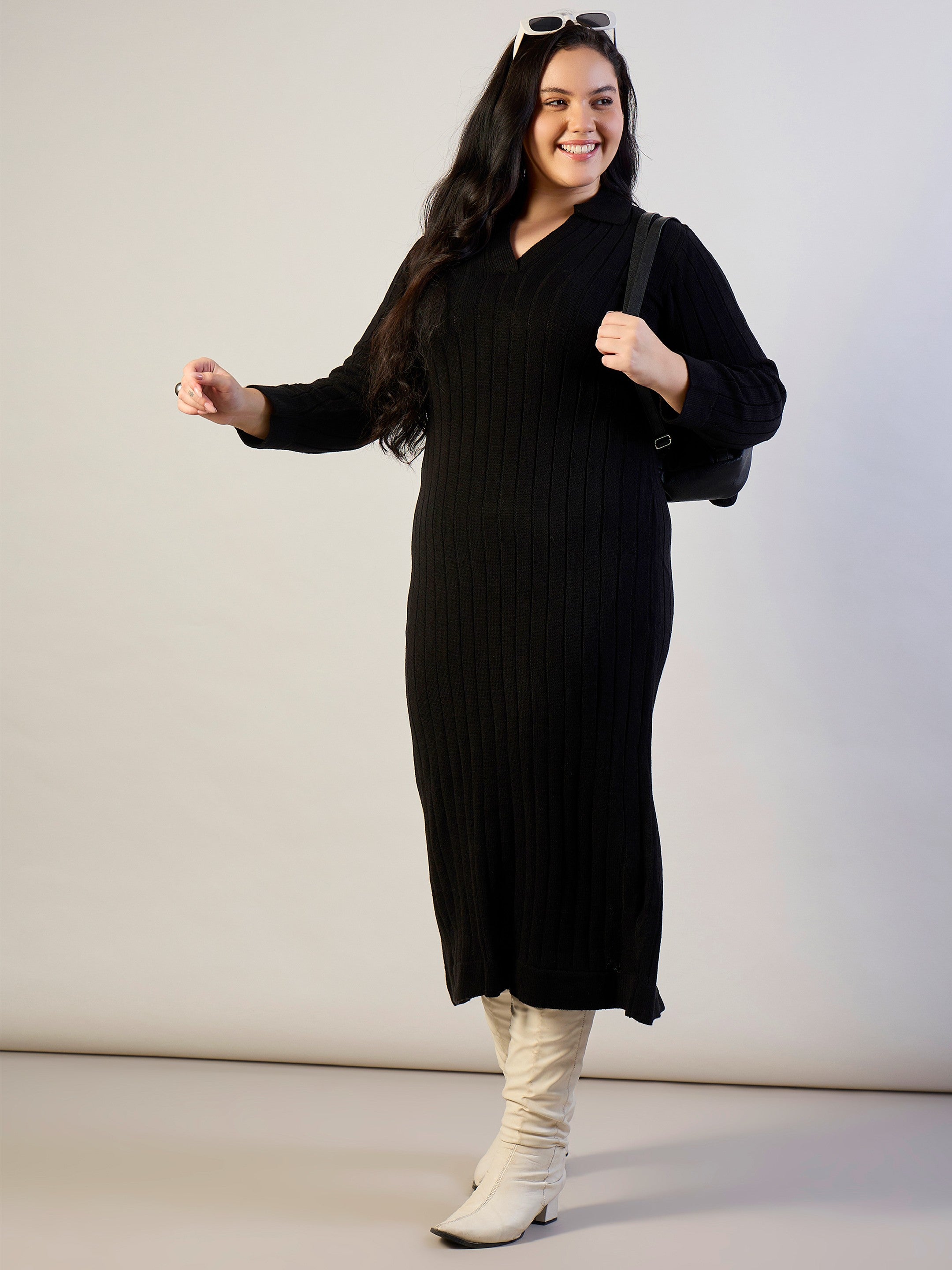 Women Black Solid Acrylic Wool Collar Midi Dress-SFDRSS13313