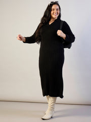 Women Black Solid Acrylic Wool Collar Midi Dress-SFDRSS13313