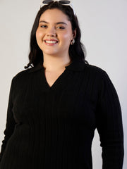 Women Black Solid Acrylic Wool Collar Midi Dress-SFDRSS13313