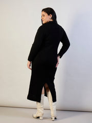Women Black Solid Acrylic Wool Collar Midi Dress-SFDRSS13313