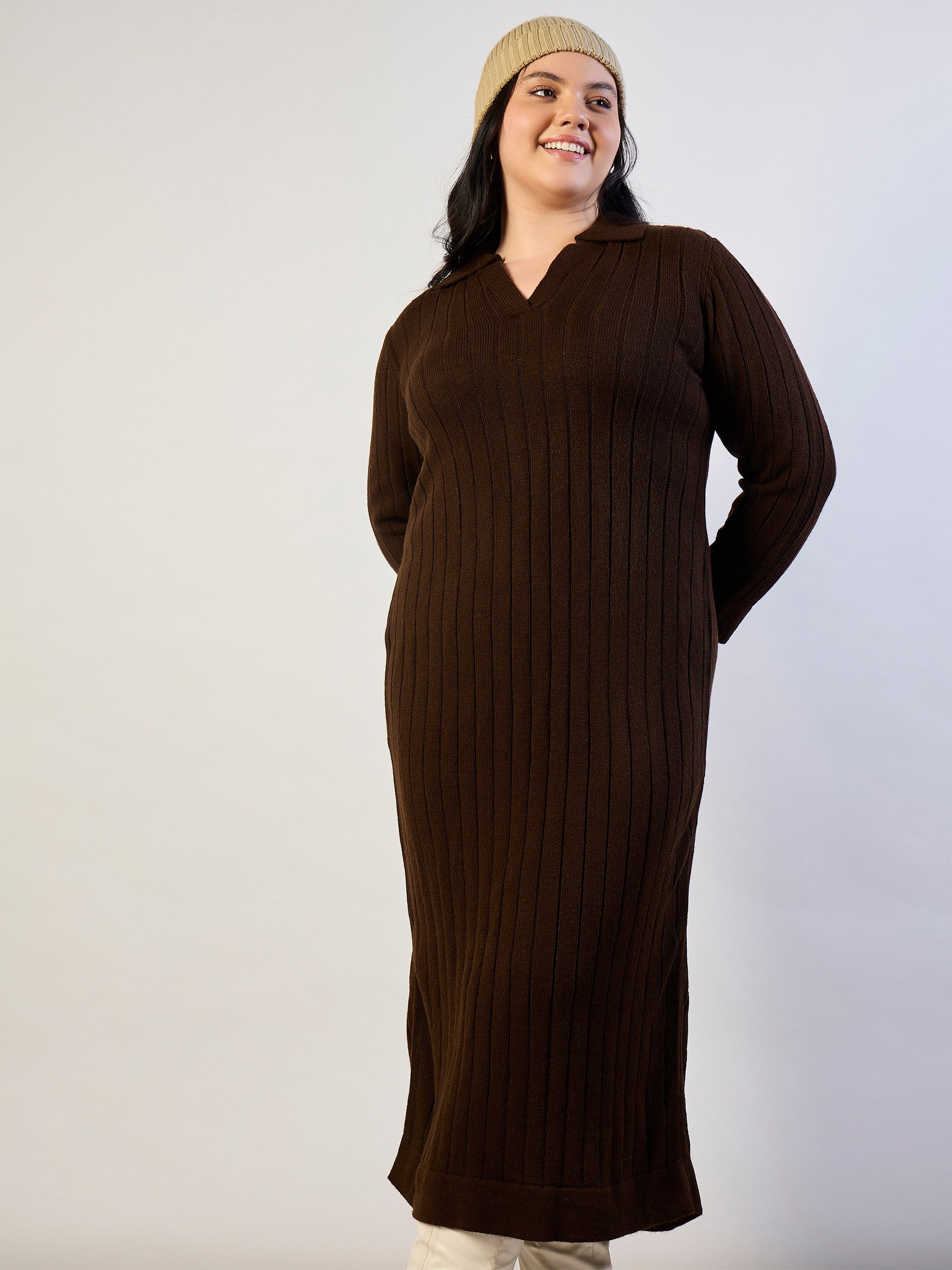 Women Brown Solid Acrylic Wool Collar Midi Dress-SFDRSS13314