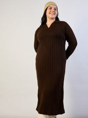 Women Brown Solid Acrylic Wool Collar Midi Dress-SFDRSS13314